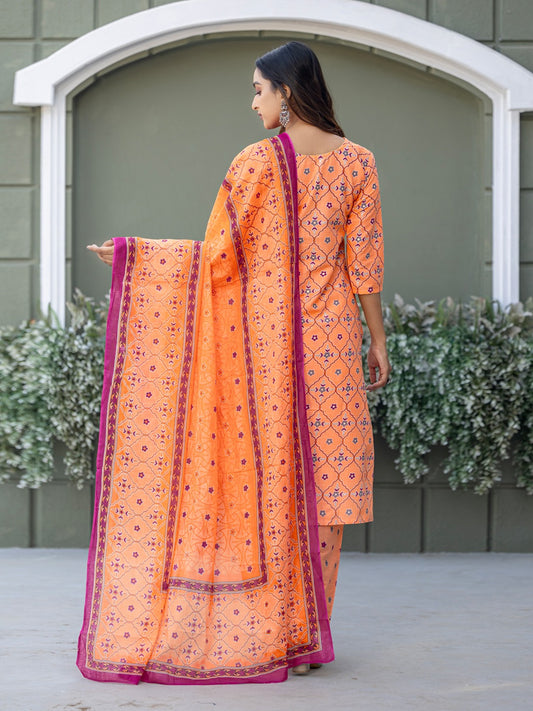 Elegant Coral Printed Kurta Set with Coordinated Dupatta