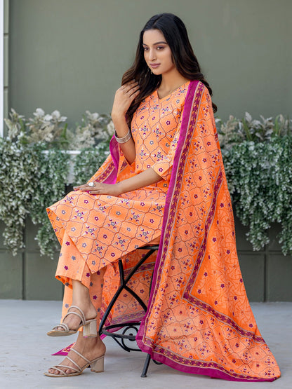 Elegant Coral Printed Kurta Set with Coordinated Dupatta