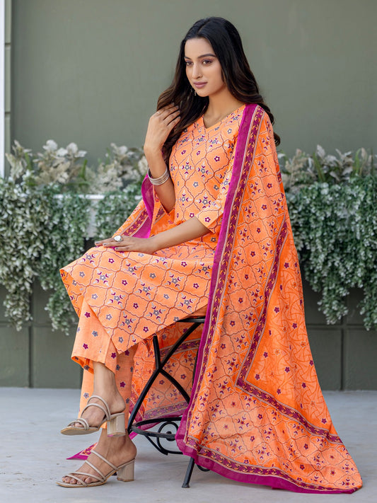 Elegant Coral Printed Kurta Set with Coordinated Dupatta