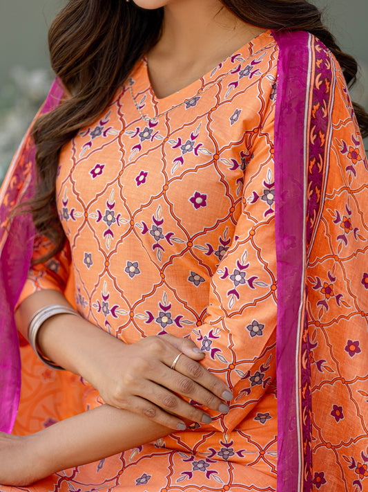 Elegant Coral Printed Kurta Set with Coordinated Dupatta