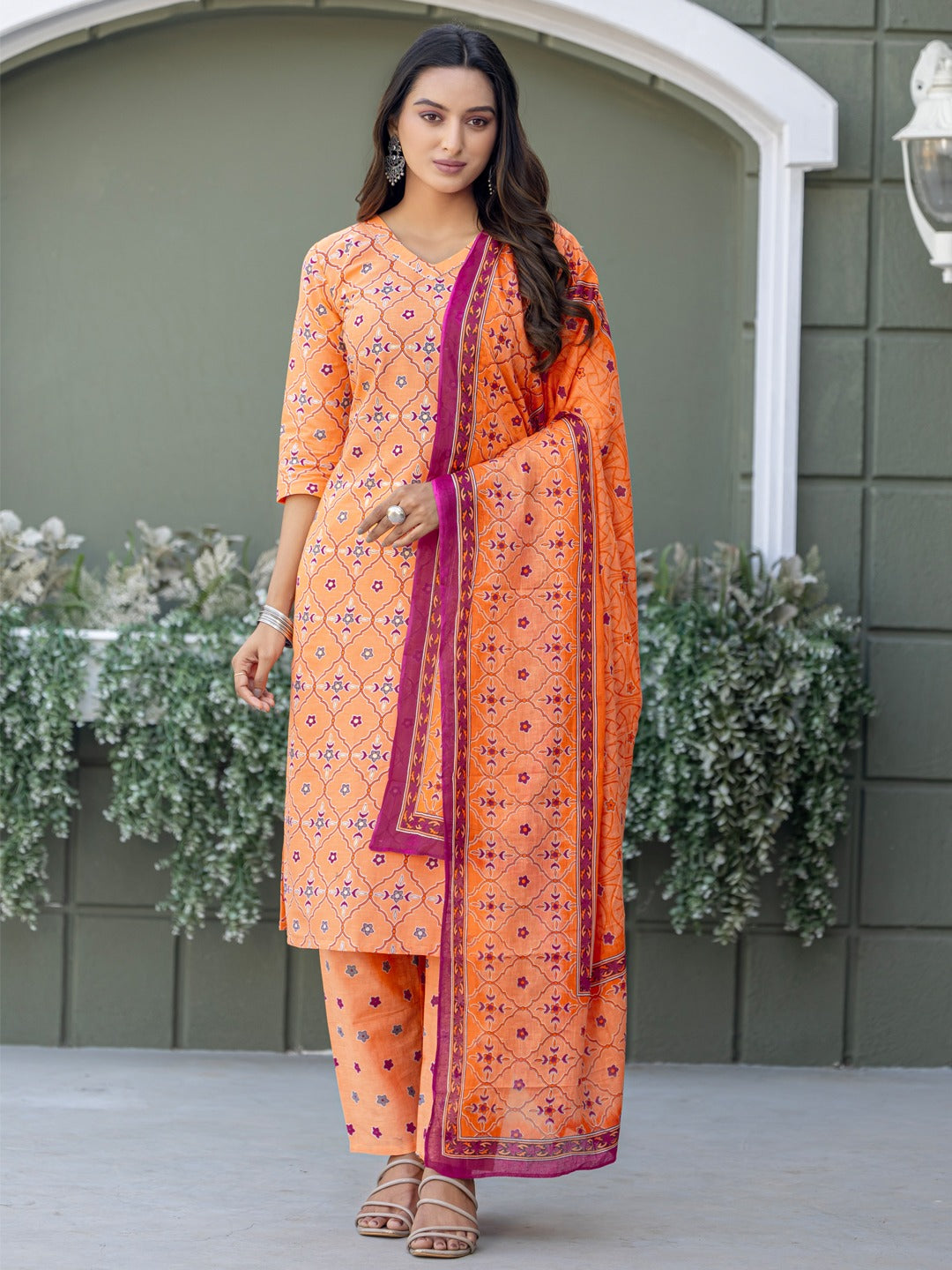 elegant coral printed kurta set with coordinated dupatta