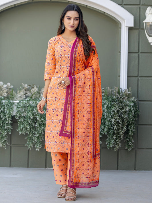 Elegant Coral Printed Kurta Set with Coordinated Dupatta