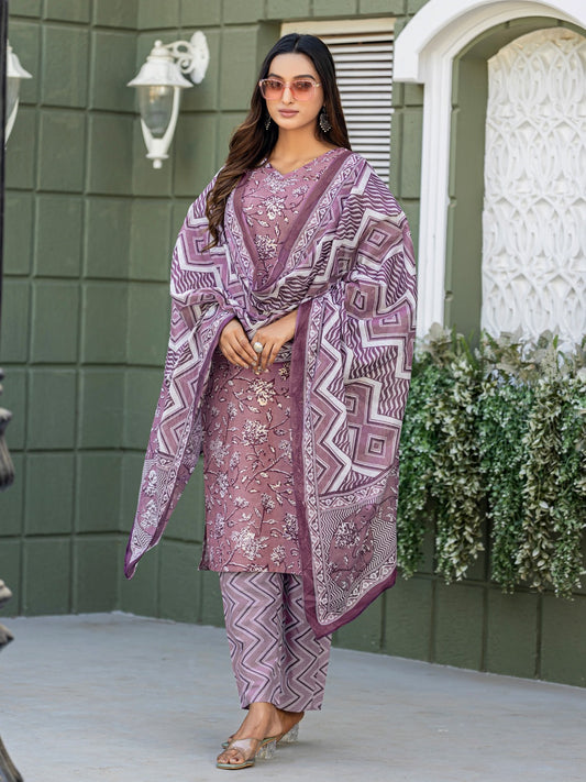 Elegant Lavender Printed Kurta Set with Coordinated Dupatta