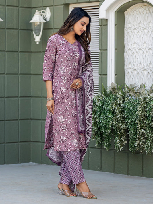 Elegant Lavender Printed Kurta Set with Coordinated Dupatta