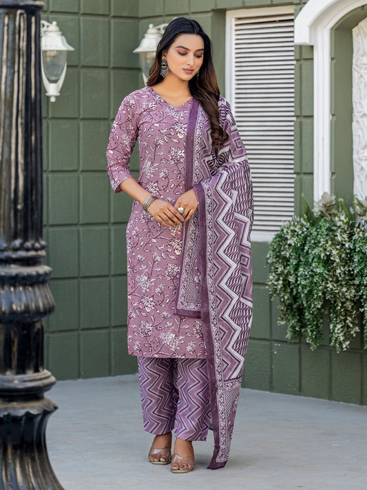 Elegant Lavender Printed Kurta Set with Coordinated Dupatta