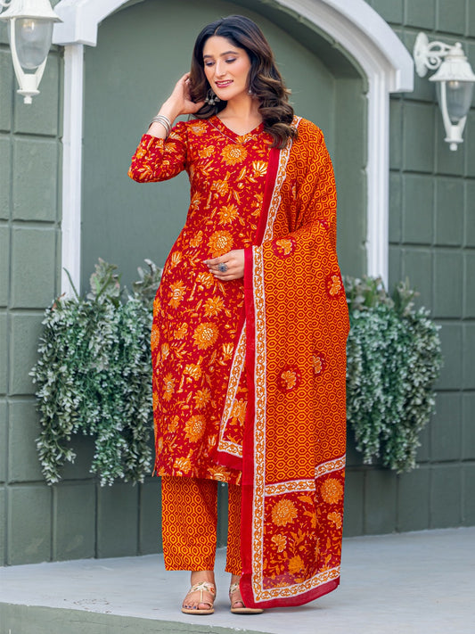 Elegant Maroon Printed Kurta Set with Coordinated Dupatta
