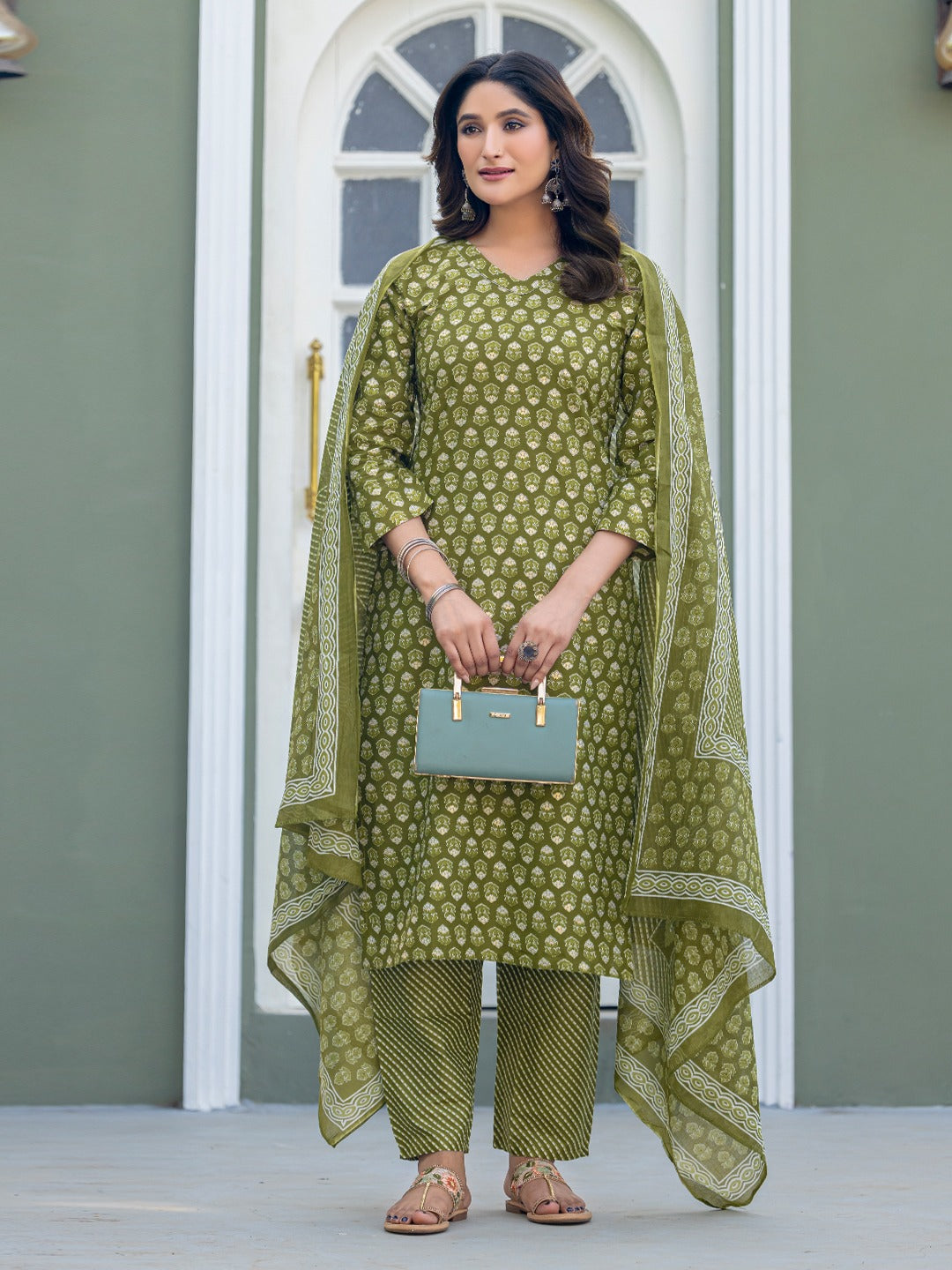 elegant mehendi printed kurta set with coordinated dupatta