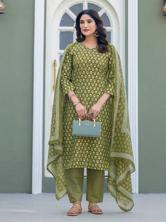 Elegant Mehendi Printed Kurta Set with Coordinated Dupatta