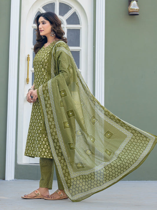 Elegant Mehendi Printed Kurta Set with Coordinated Dupatta