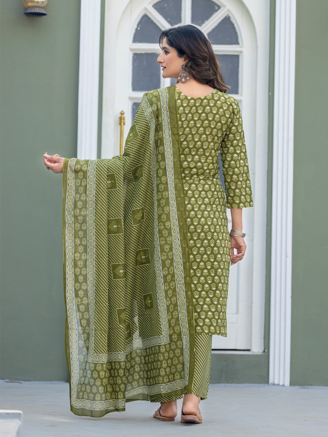elegant mehendi printed kurta set with coordinated dupatta