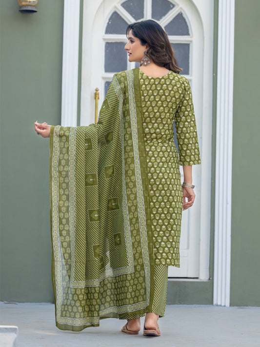 Elegant Mehendi Printed Kurta Set with Coordinated Dupatta