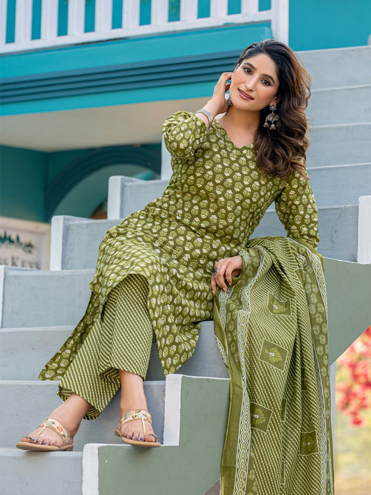 Elegant Mehendi Printed Kurta Set with Coordinated Dupatta