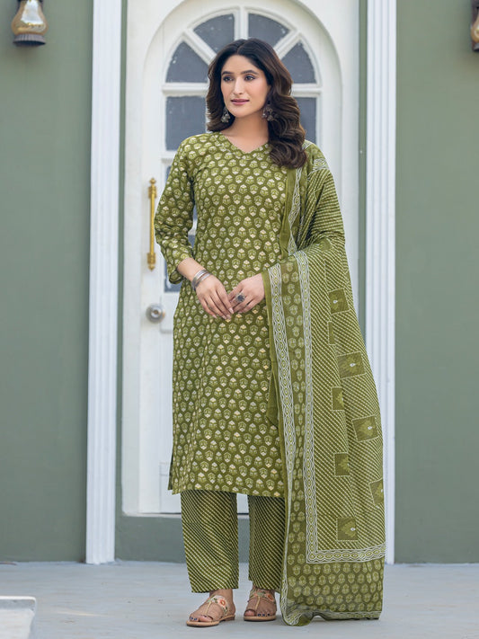 Elegant Mehendi Printed Kurta Set with Coordinated Dupatta