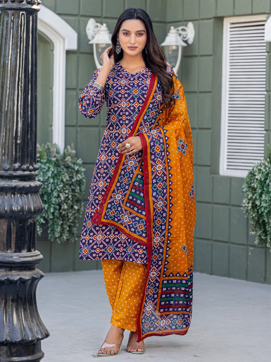 Elegant Navy Blue Printed Kurta Set with Coordinated Dupatta
