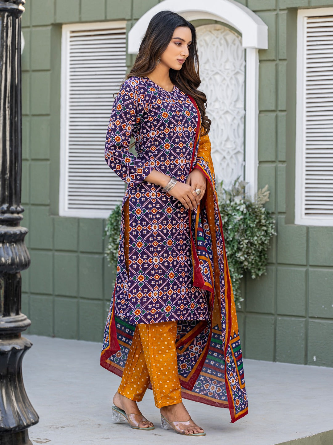 elegant navy blue printed kurta set with coordinated dupatta