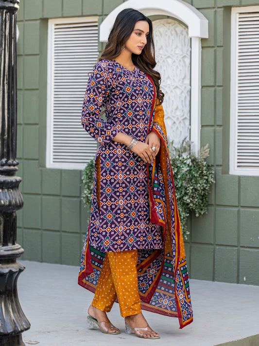 Elegant Navy Blue Printed Kurta Set with Coordinated Dupatta