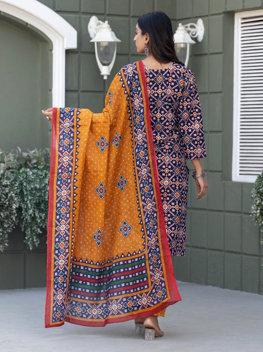 Elegant Navy Blue Printed Kurta Set with Coordinated Dupatta