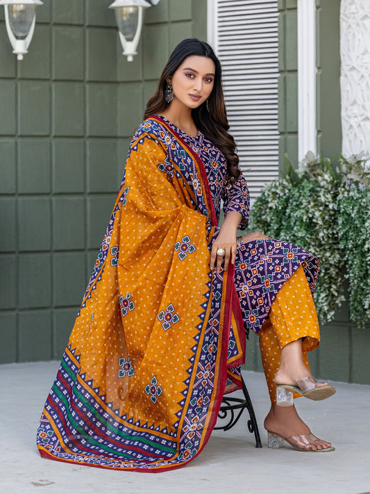 Elegant Navy Blue Printed Kurta Set with Coordinated Dupatta