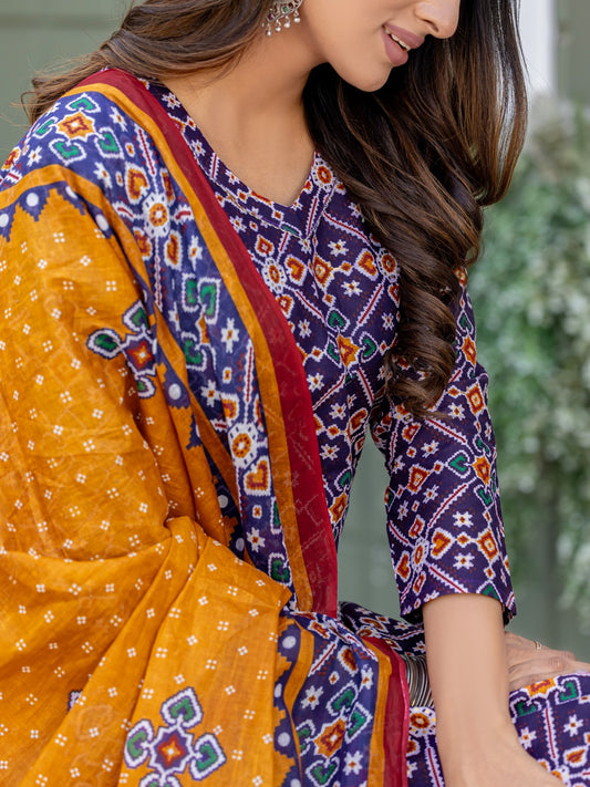 Elegant Navy Blue Printed Kurta Set with Coordinated Dupatta