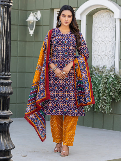 Elegant Navy Blue Printed Kurta Set with Coordinated Dupatta