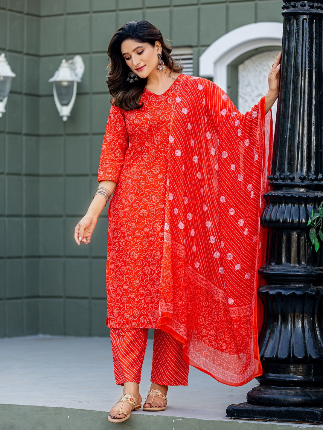 elegant orange printed kurta set with coordinated dupatta