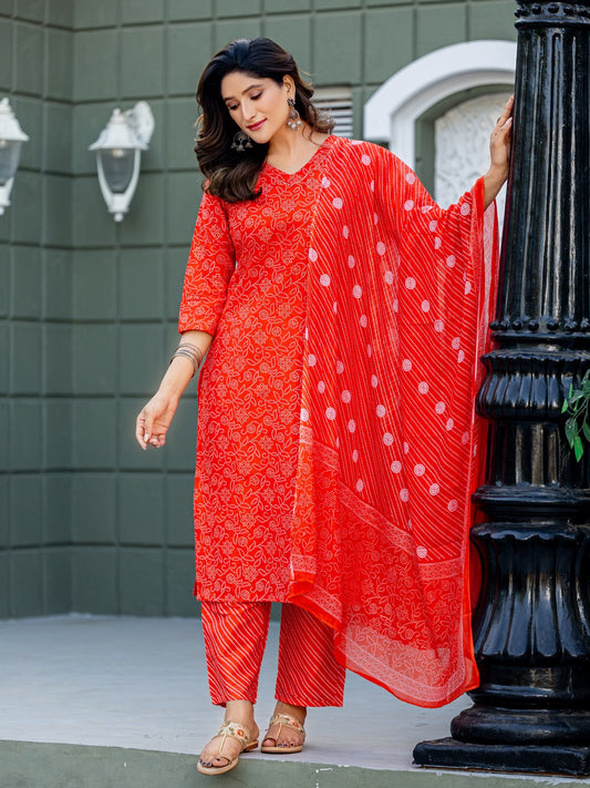 Elegant Orange Printed Kurta Set with Coordinated Dupatta