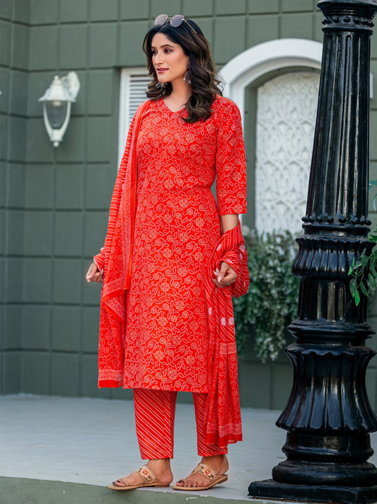 Elegant Orange Printed Kurta Set with Coordinated Dupatta
