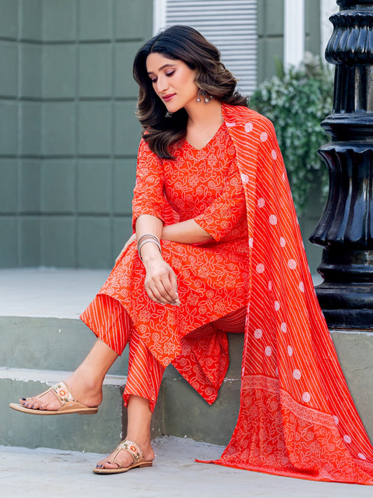 Elegant Orange Printed Kurta Set with Coordinated Dupatta