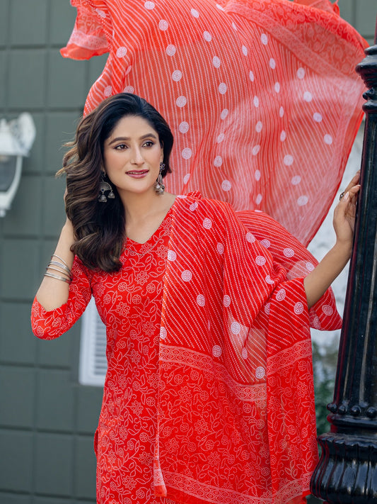 Elegant Orange Printed Kurta Set with Coordinated Dupatta