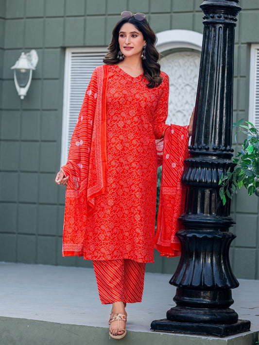 Elegant Orange Printed Kurta Set with Coordinated Dupatta