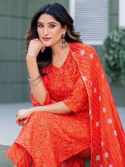 Elegant Orange Printed Kurta Set with Coordinated Dupatta
