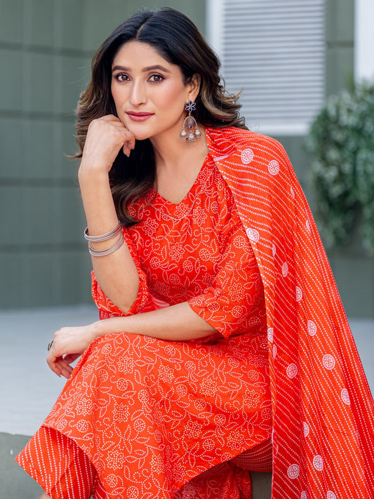 Elegant Orange Printed Kurta Set with Coordinated Dupatta