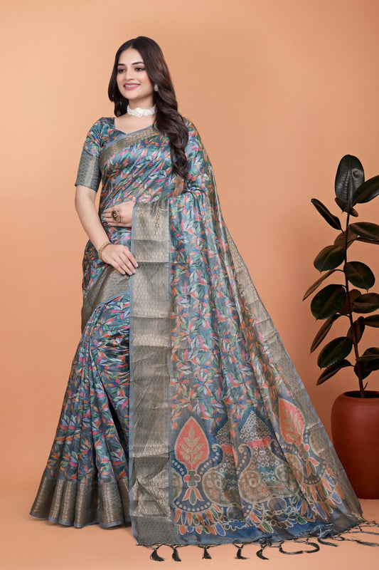 Grey & Multicolor Soft Silk Saree with Ethnic Pallu (GG-506)