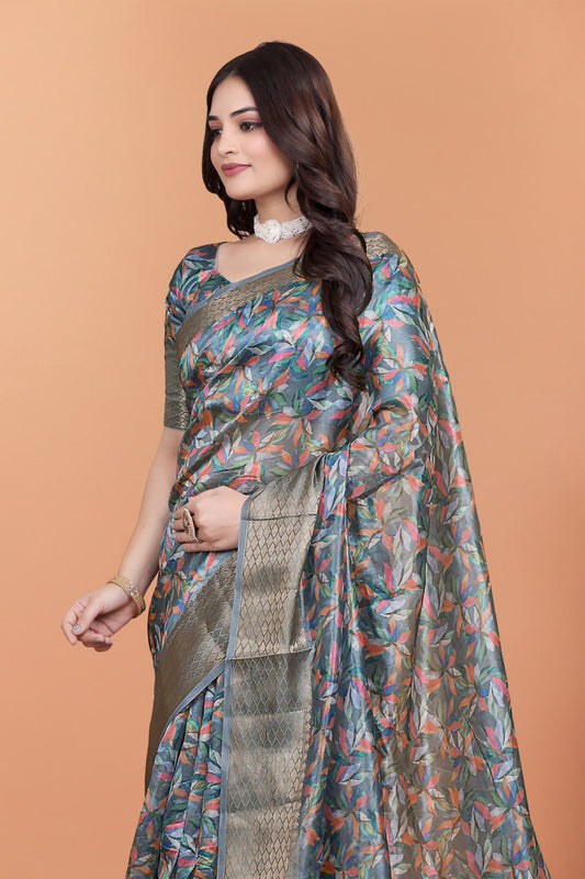Grey & Multicolor Soft Silk Saree with Ethnic Pallu (GG-506)