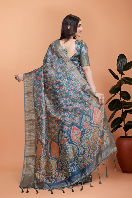 Grey & Multicolor Soft Silk Saree with Ethnic Pallu (GG-506)