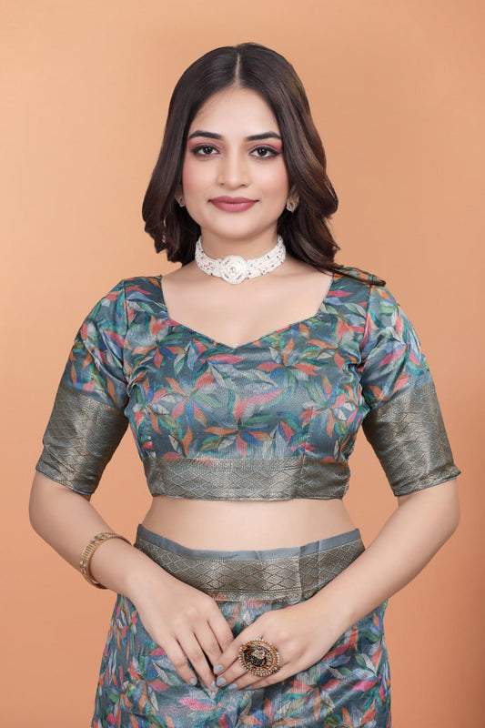 Grey & Multicolor Soft Silk Saree with Ethnic Pallu (GG-506)