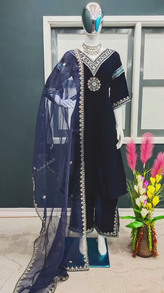 🦋 Đěsigner Party Wear Look Heavy Pure Viscose Velvet Top Plazzo Pent & Dupatta Set