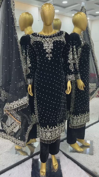 Party Wear Viscose Velvet Designer  Look Top-Dupatta and Fully Stiched Bottom With Heavy Embroidery Siquance Work
