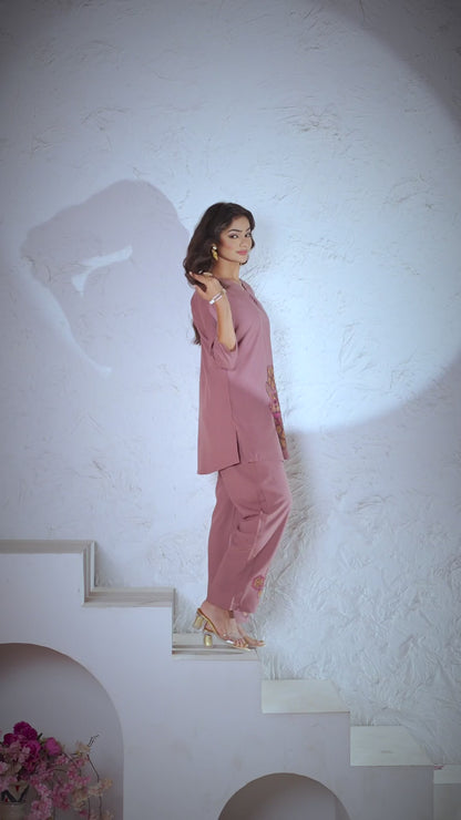 👗 Stylish Mauve Co-Ords Set with Vibrant Geometric Embroidery