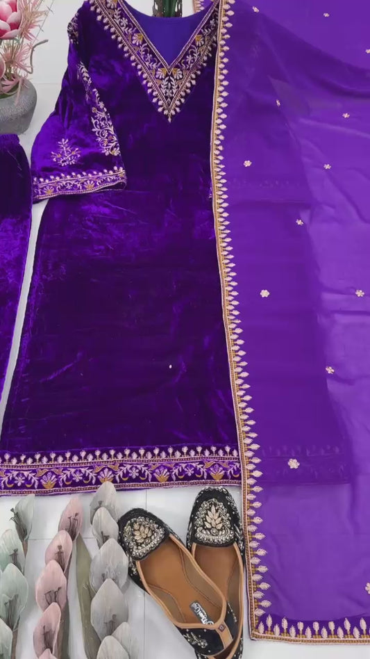 NEW DESIGNER PARTY WEAR HEAVY EMBROIDERY SEQUENCE WORK 3 PIS SUIT SET