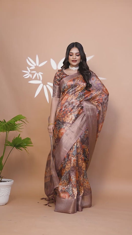 Lavender Soft Silk Saree with Copper Zari Border & Floral Pallu ( GG-512 )