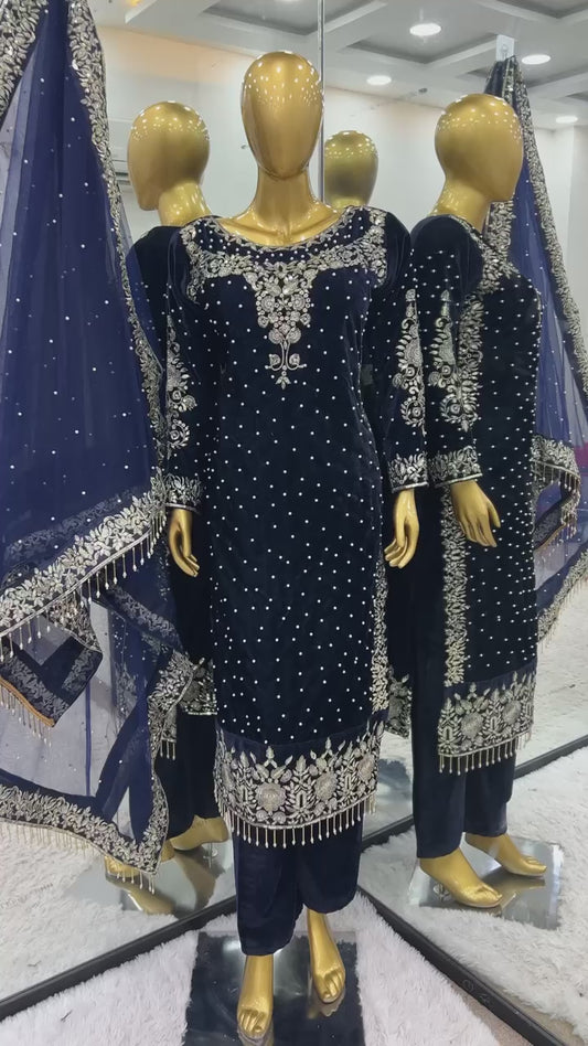 Party Wear Viscose Velvet Designer  Look Top-Dupatta and Fully Stiched Bottom With Heavy Embroidery Siquance Work