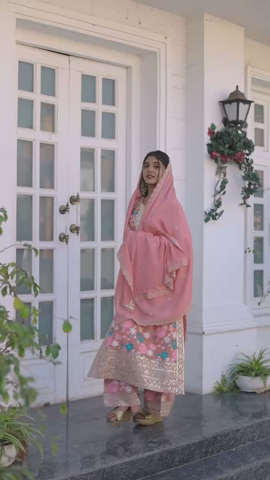🦋 Đěsigner Party Wear Look Pur Chinon Silk Top Plazzo & Dupatta Set👗