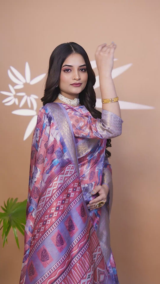 Lavender & Pink Soft Silk Saree with Copper Zari Border & Leaf Print (GG-513)