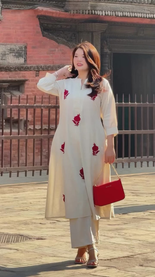Stylish White Kurti with Red Floral Work