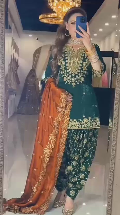 Designer Party Wear Look Top ,Dhoti Salwar and Dupatta