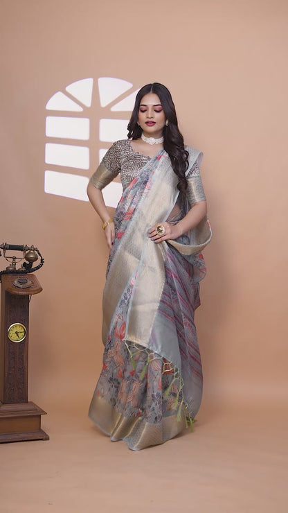 Soft Blue-Green Floral Printed Silk Saree with Zari Border (GG-516 )