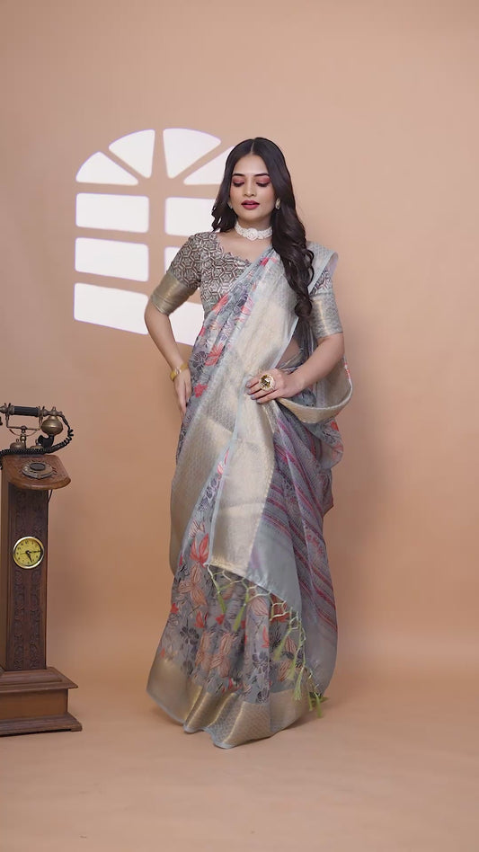 Soft Blue-Green Floral Printed Silk Saree with Zari Border (GG-516 )
