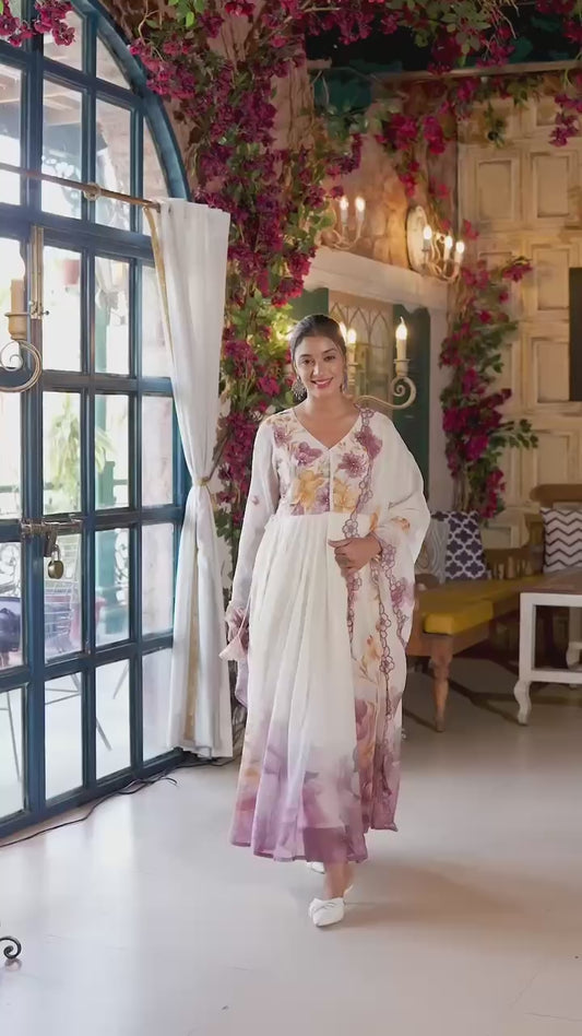 Elegant Floral Printed Anarkali Kurti – White & Lavender Ombre Design