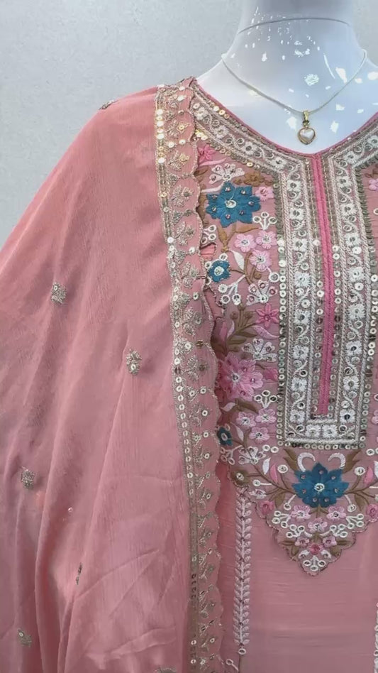 🦋 Đěsigner Party Wear Look Pur Chinon Silk Top Plazzo & Dupatta Set👗